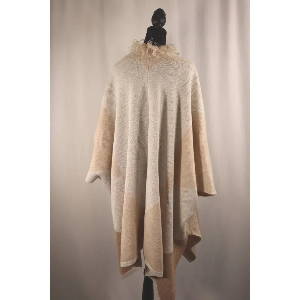 C Cozy Beige Color Block Open Front Poncho with Fringe Detail Size Large - Picture 6 of 14